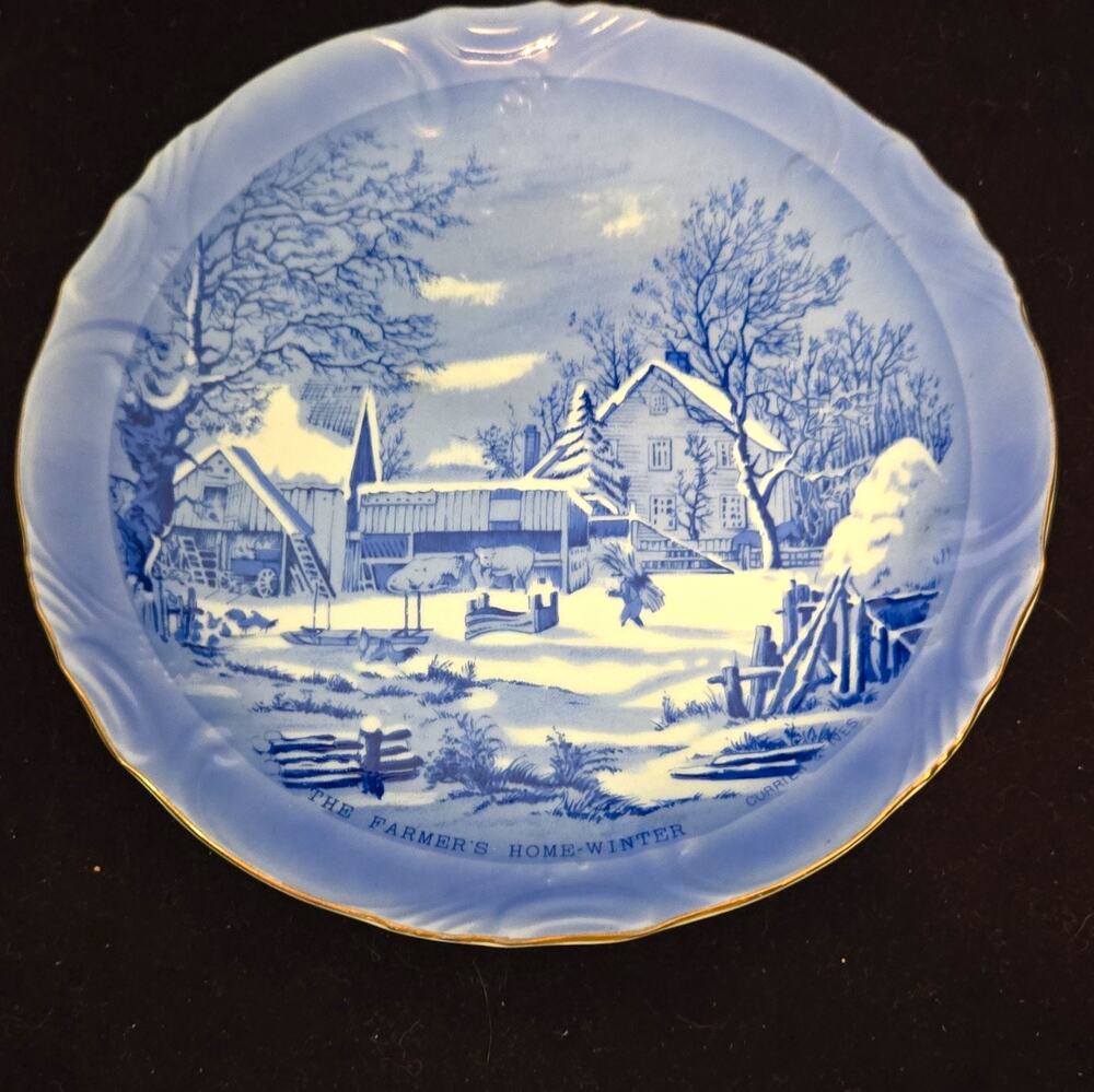 Vintage Currier Ives The Farmers Home Winter Blue Gold Rim 8" Collector Plate